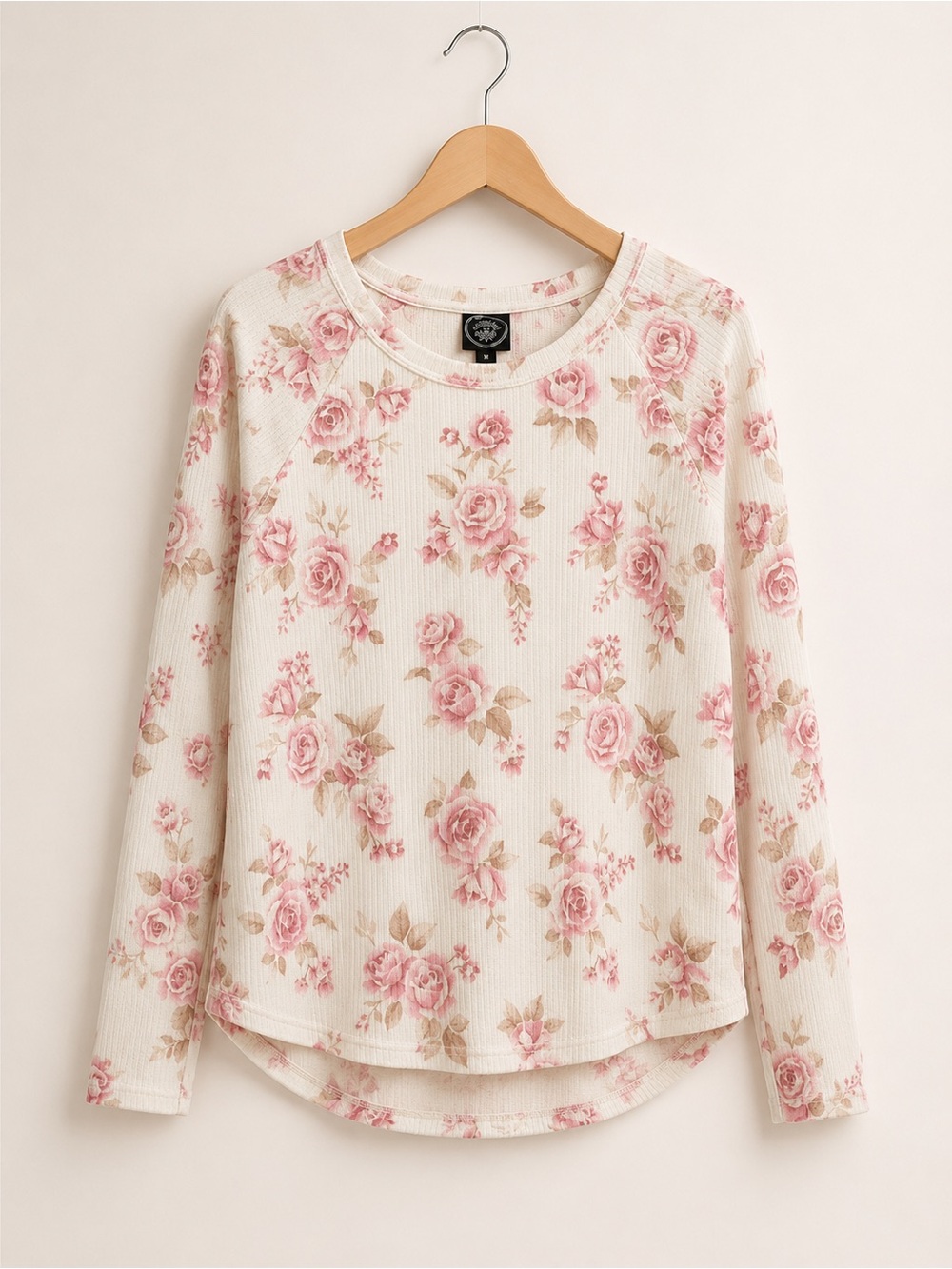 Laura Ashley Cream Waffle-Knit Long Sleeve Top with Pink Rose Print